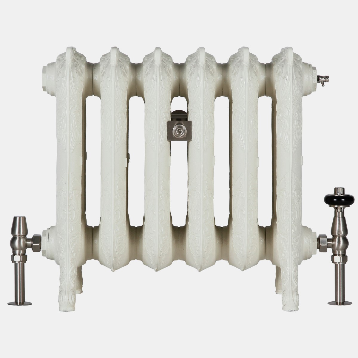 Rococo III 470mm cast iron bay window radiator in oatmeal finish